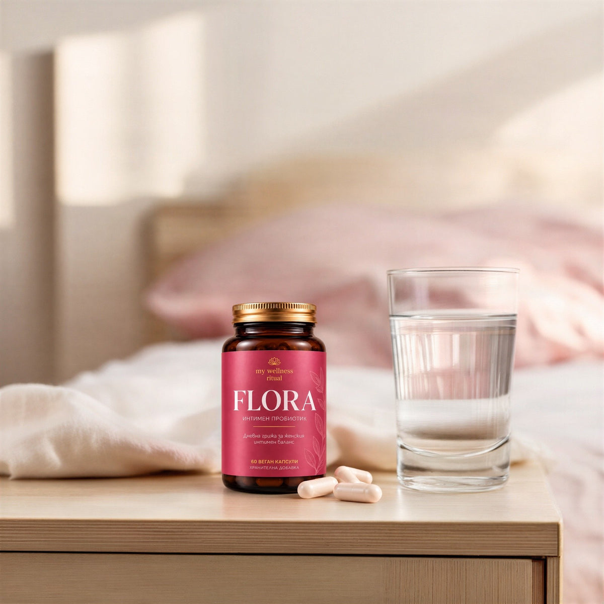 Бурканче FLORA на нощното шкафче до чаша вода