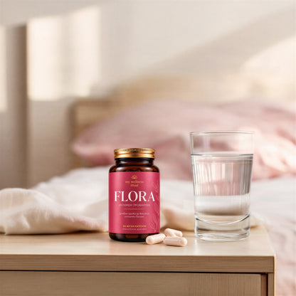 Бурканче FLORA на нощното шкафче до чаша вода