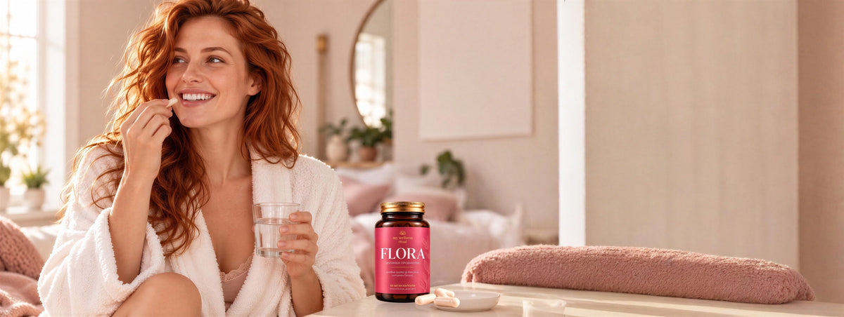 Жена пие капсула FLORA с чаша вода, до нея бурканче FLORA