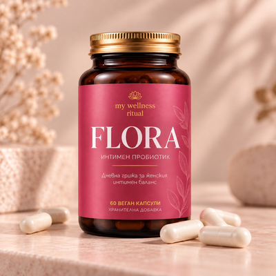 FLORA интимен пробиотик за жени – бурканче от тъмно стъкло с 60 вегански капсули