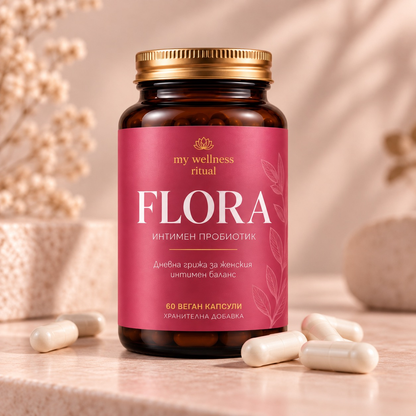 FLORA интимен пробиотик за жени – бурканче от тъмно стъкло с 60 вегански капсули